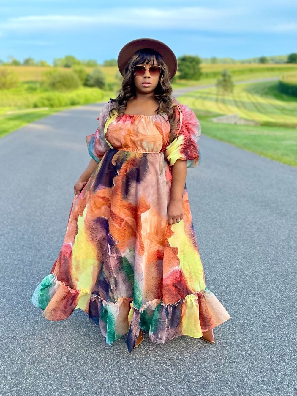 Off-Shoulder Multicolor Watercolor Maxi Dress
